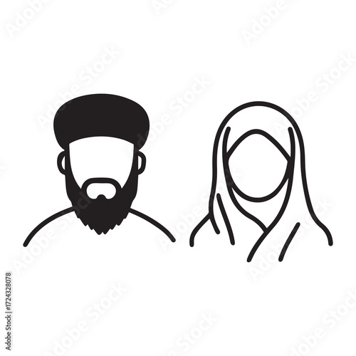 Muslim man wearing kufi and a woman in hijab stand side by side on white background