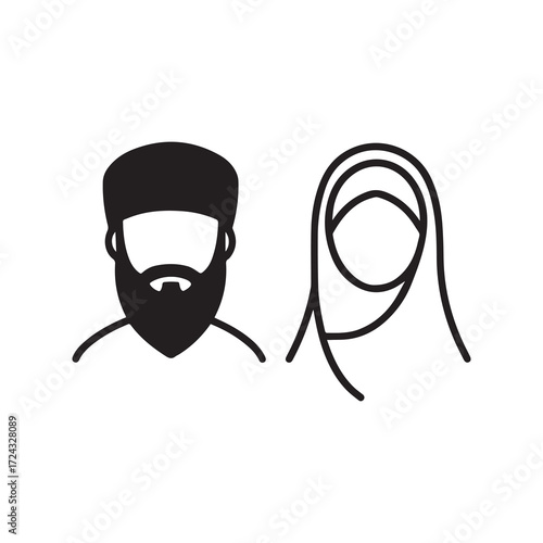 Minimalist symbolic depiction features arab man and veiled woman on a white background