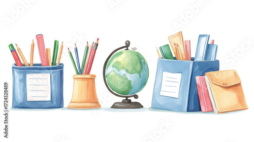 Colorful classroom scene featuring pencils, pens, rulers, a globe, notebooks, and folders arranged on a desk, creating a bright educational still life perfect for learning, creativity, and engaging