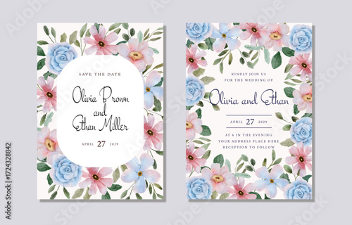 wedding invitation with soft blue pink floral watercolor