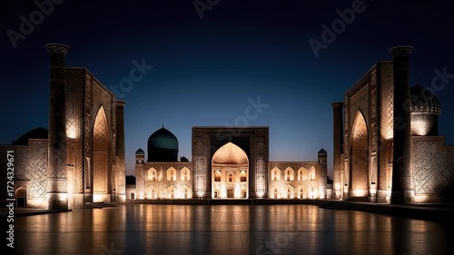 Samarkand Night Scene: Ancient Architectural Complex Shining in the Night