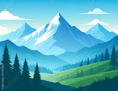 Mountain vista, serene landscape.  Soft blue mountains, snow-capped peak, green valley, dense forest