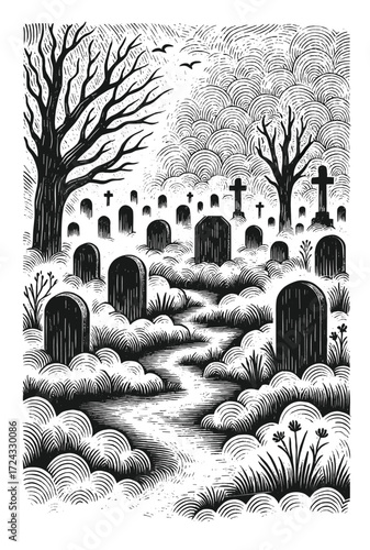 Engraving of Spooky Graveyard Scene with Tombstones
