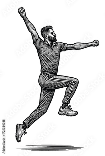 Engraving of Cricket Bowler in Action