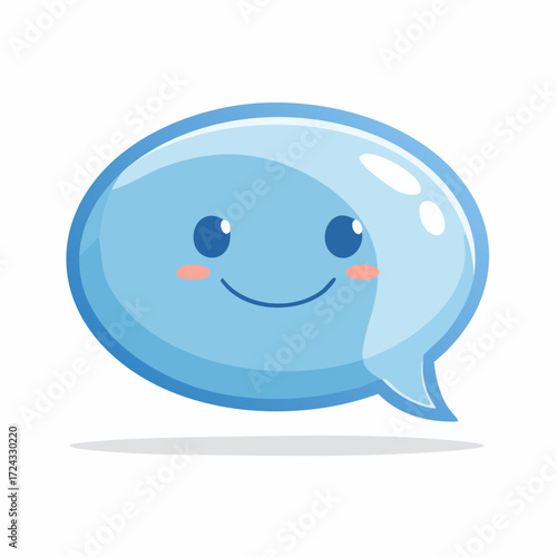 A light blue speech bubble with a cute smiling face and pink cheeks on a white plain background view