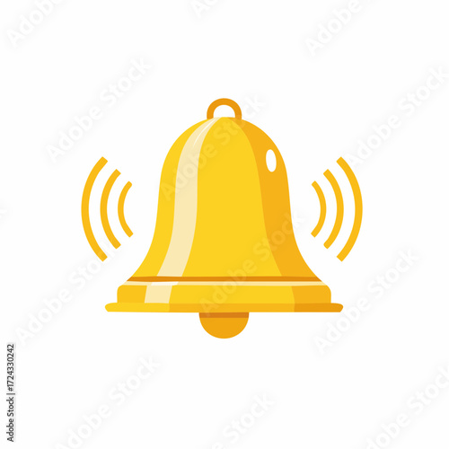 Illustration of a golden bell with sound waves emanating from it on a white background