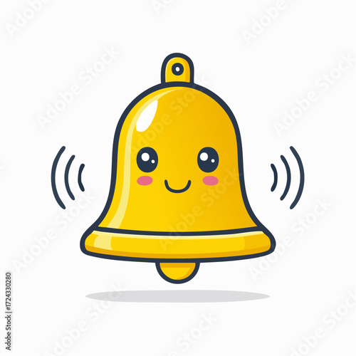 Illustration of a cute golden bell with a smiling face and sound waves emanating from both sides of it