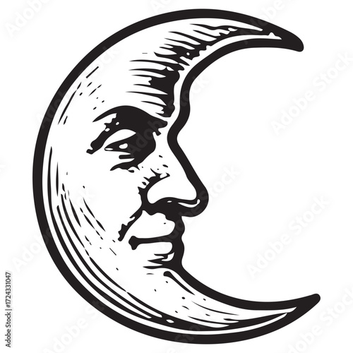 Mystical Crescent Moon Face Vintage Engraving, Cosmic Spirituality Symbol, Esoteric Astrology Art