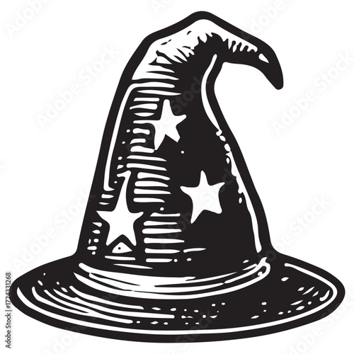 Magical Wizard Hat with Stars, Occult Symbol, Vintage Witchcraft & Fantasy Art Illustration