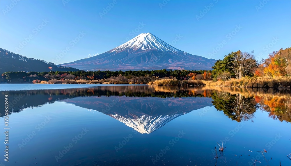Fototapeta premium Majestic mountain reflected in tranquil lake. Autumn colors frame a snow-capped peak, mirroring perfectly in the placid water