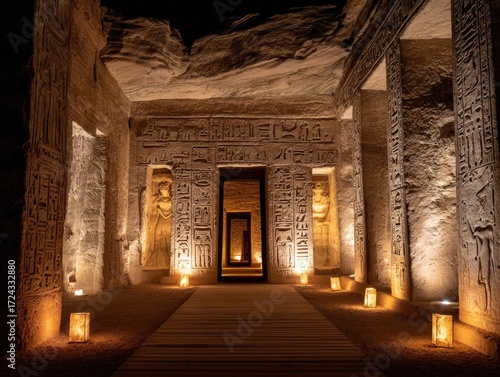 Ancient Egyptian temple at night, lit by warm light