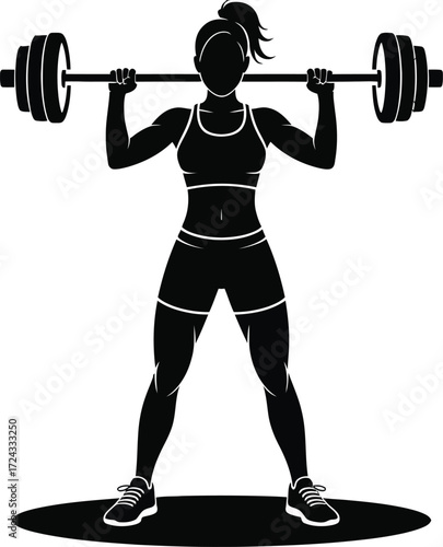 Woman silhouette performing barbell squat on white background