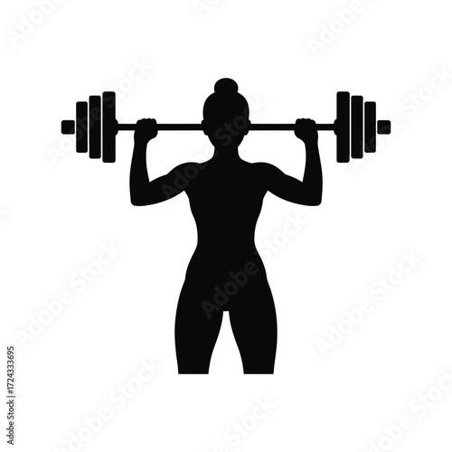 Female silhouette lifting barbell overhead on white background