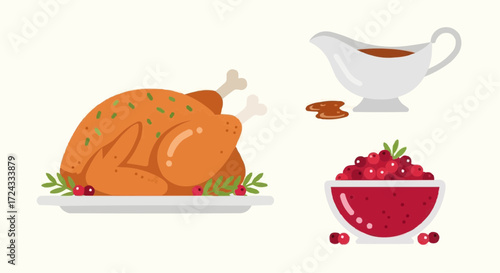 Christmas  thanksgiving dinner with roasted turkey cranberry sauce and gravy for holiday celebration feast illustration vector