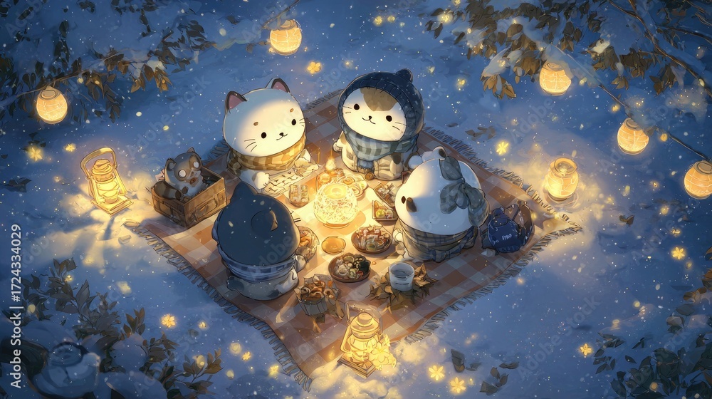 Obraz premium Cozy Winter Picnic with Cute Animals in Snowy Landscape Scene