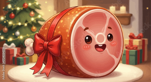 Christmas  christmas ham with bow holiday celebration festive food cartoon character cute kawaii christmas tree gifts 100 vector