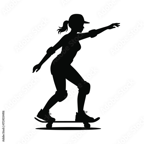Silhouette of a female skateboarder with outstretched arm