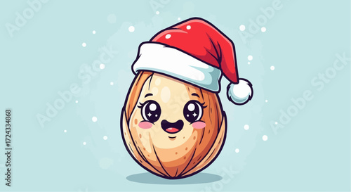 Christmas  cute christmas almond cartoon character wearing santa hat holiday season festive kawaii nut illustration art vector