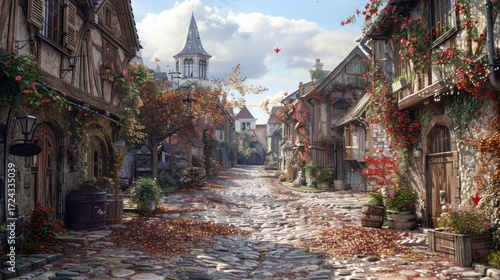 Picturesque european village street with cobblestone and floral facades