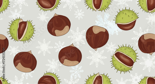Christmas  seamless pattern with chestnuts and snowflakes for fall autumn winter design background wallpaper texture 100 char vector