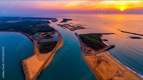 Aerial view of coastline with river flowing into ocean during a vibrant sunset
