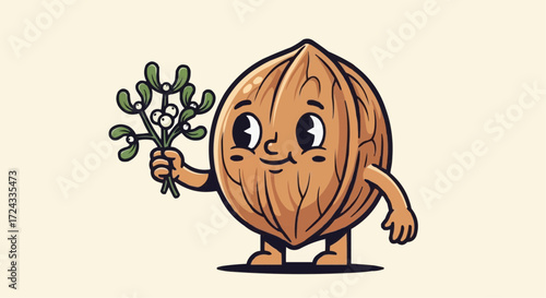 Christmas  cartoon walnut character holding mistletoe branch holiday season celebration nut food illustration art vector vector