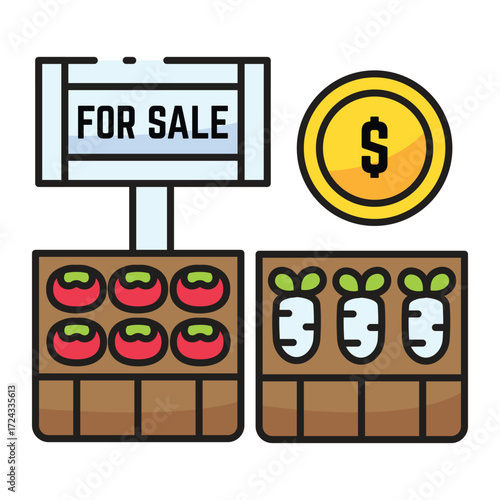 Farmers market stand with FOR SALE sign coin tomatoes and radishes