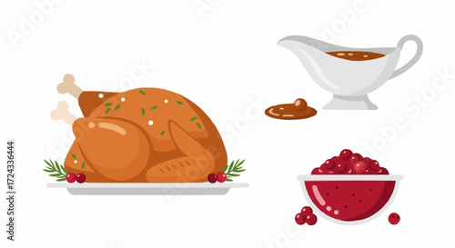 Christmas  delicious thanksgiving dinner with roasted turkey gravy and cranberry sauce holiday feast celebration 100 vector