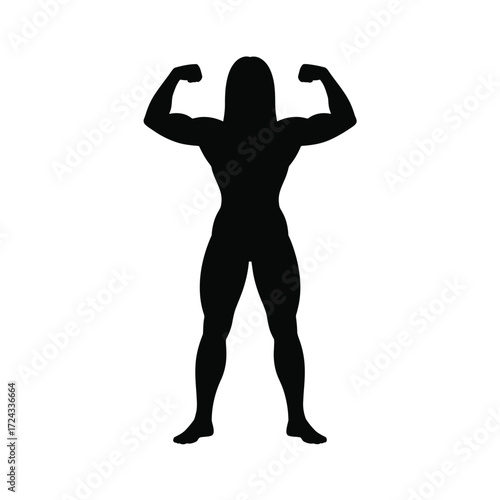 Silhouette of muscular woman flexing arms on white background