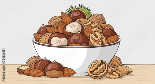 Christmas  bowl of mixed nuts almonds walnuts chestnuts healthy snack food nutrition protein fiber delicious treat diet 100 vector