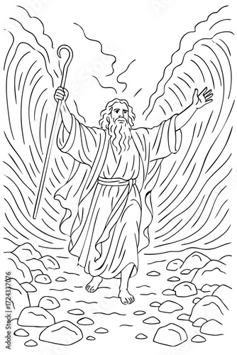 Moses Parting the Red Sea – Biblical Line Art Illustration