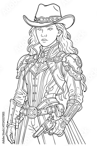 Steampunk Cowgirl Outline Drawing – Western Fantasy Woman