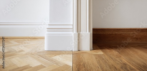 Interior corner with white baseboards and herringbone wooden floor