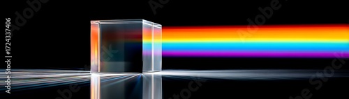 Crystal Prism and Colorful Light Spectrum on Black Background with Reflection