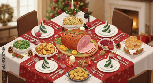 Christmas  christmas dinner table setting with ham roast potatoes and wine holiday feast decoration and fireplace scene vector