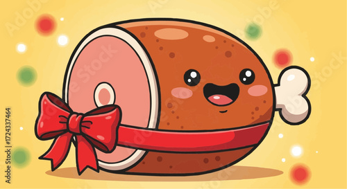 Christmas  cute cartoon ham leg with red ribbon bow illustration for christmas holiday celebration and gift giving theme vector