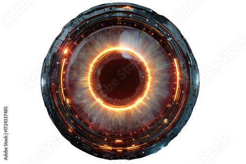 Futuristic robotic eye with glowing orange iris, metallic casing, digital technology concept. background removed