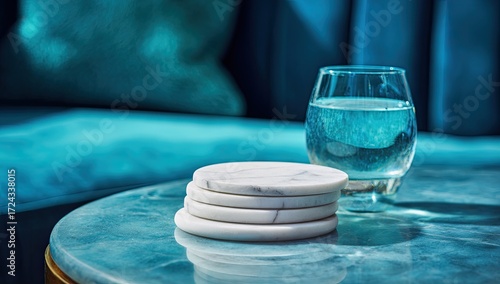 Teal interior design with marble coasters and water