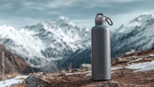 Gray water bottle on snowy mountain