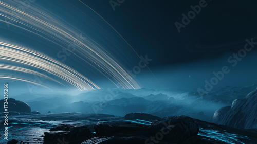Giant ringed planet looming overhead, glowing swirling rings, alien rocky terrain with bioluminescent cracks and misty atmosphere
