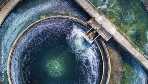 Aerial view of water treatment facility.  Circular basins