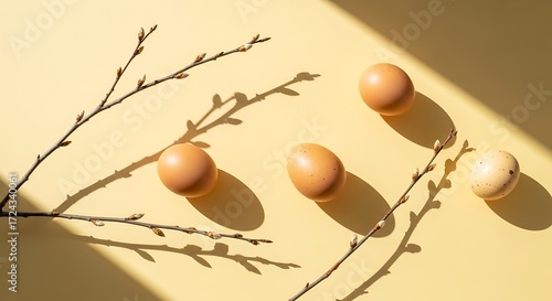 Easter eggs and branches casting shadows on a yellow background