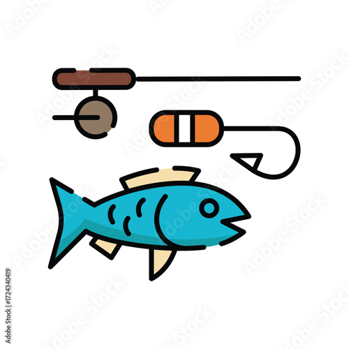 Fishing rod with a bobber hook and a blue fish