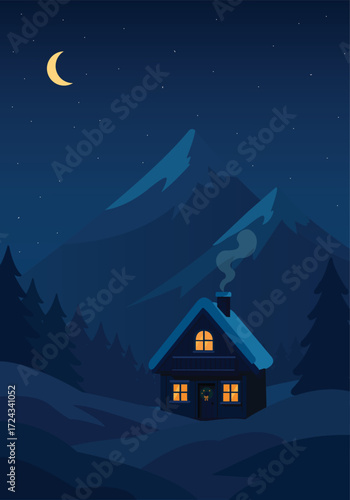house in the forest in night. Ski resort