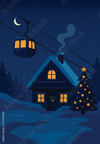 house in the night with snow and ski lifts. 