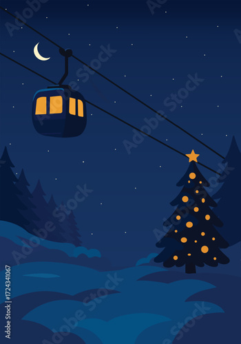 christmas night landscape with tree and ski lift