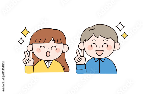 ピースする男女2人のイラスト