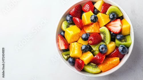 Vibrant fruit salad with strawberries, blueberries, kiwi, mango, and grapes in white bowl, perfect for healthy snack or dessert bursting with refreshing flavors