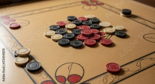 Carrom board game setup with strikers and pieces ready for game night