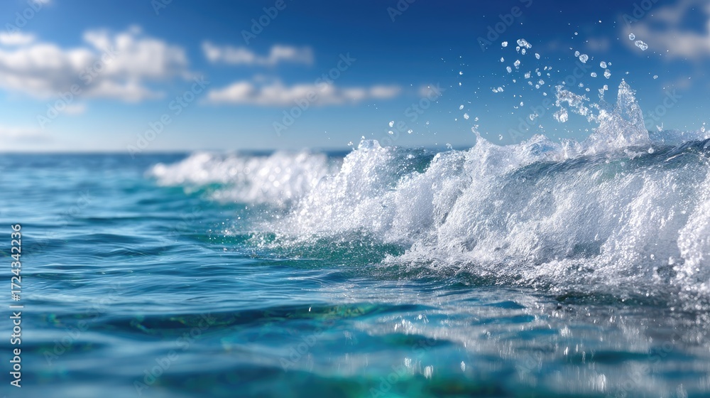 Fototapeta premium Glistening Ocean Wave with Splashing Water Droplets against a Blurred Sky Background
